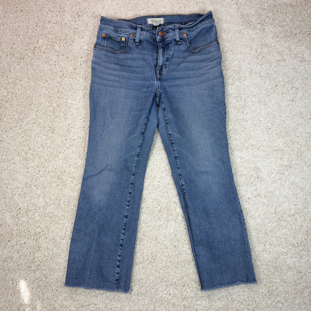 Madewell Mid-Rise Kick Out Jeans Women 30P Blue Raw Hem Flare Denim Petite
